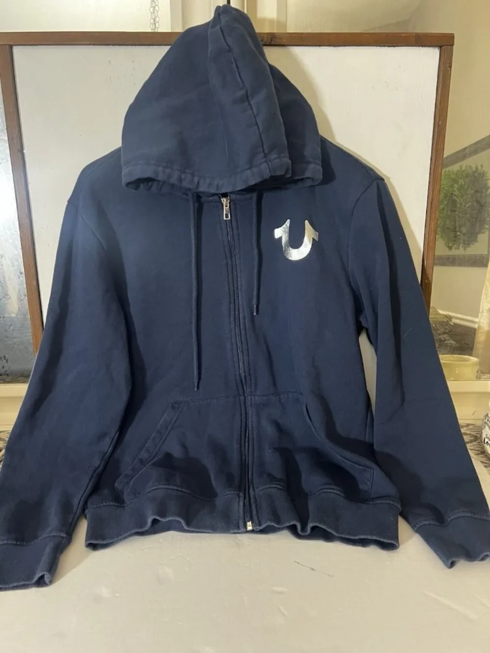 True Religion Hoodie Mens Medium Blue Navy Zip Up Buddha Horseshoe Logo.    Q